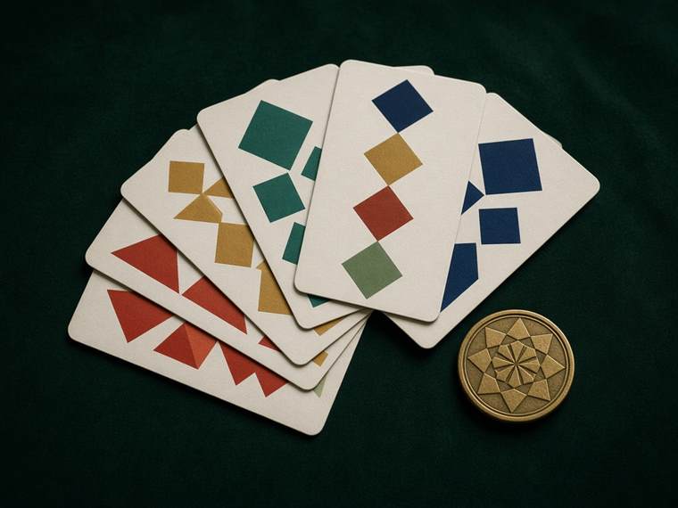Geometrikus mintájú kártyák legyezője sötét posztón
